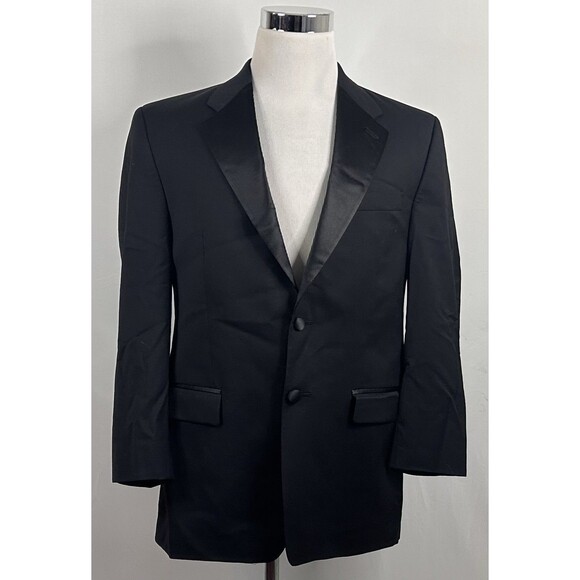Calvin Klein 40R Tuxedo Jacket 100% Wool All Black Two Button Fully Lined - Picture 2 of 8